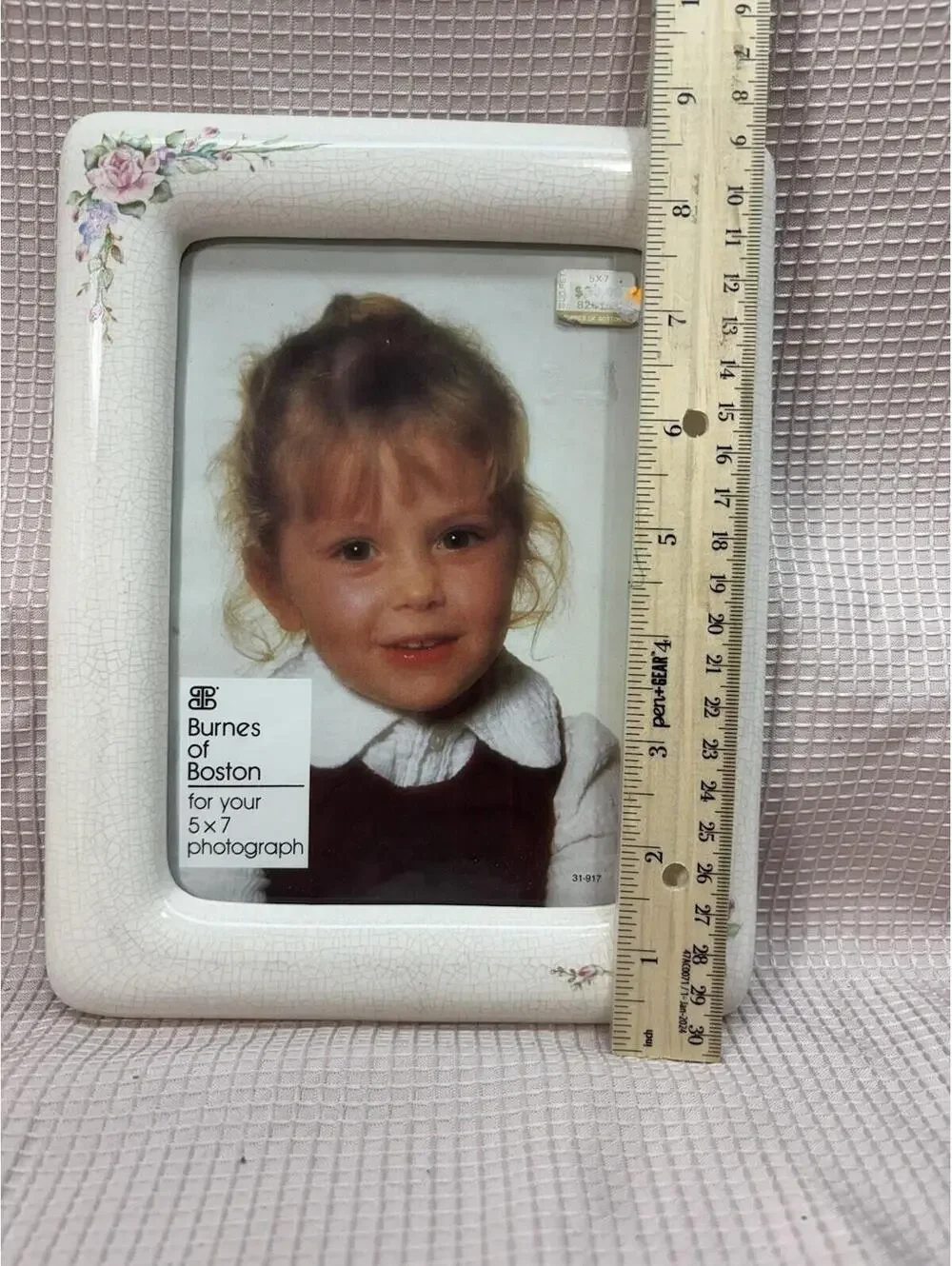 96 Vintage Burnes Of Boston White Crackle Porcelain Picture Photo Frame 5” X 7”